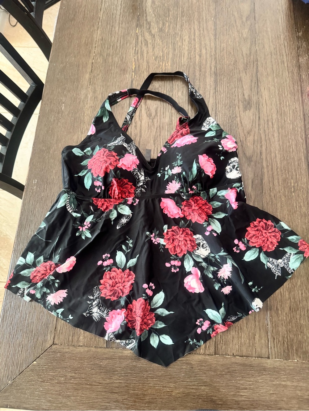 torrid Black Floral One-Piece Swimdress with Pink & Red Flowers